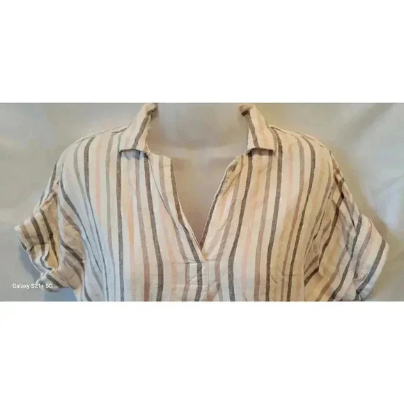 Thread & Supply Linen Retro Striped Shirt, size small, Mocha/beige/pastel orange - Picture 5 of 13